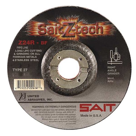 Cut-Off & Grinding Wheel, Type 27, 9 in Dia, 0.125 in Thick, 7/8 in Arbor Hole Size, 24 Grit MPN:22626
