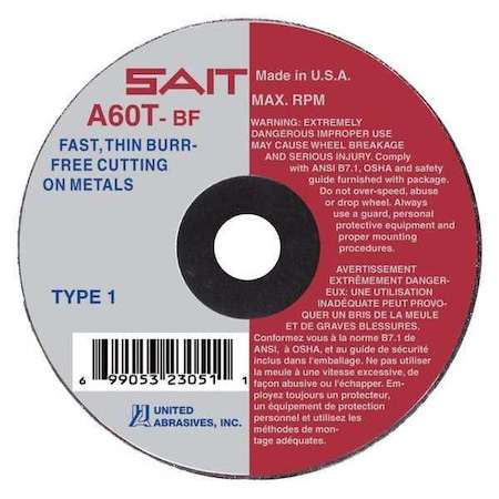 Abrasive Cut-Off Wheel, Type 1, 3 in Dia, 0.0625 in Thick, 1/4 in Arbor Hole Size, Aluminum Oxide MPN:23043