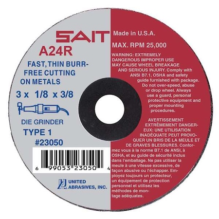 Abrasive Cut-Off Wheel, Type 1, 3 in Dia, 0.125 in Thick, 3/8 in Arbor Hole Size, Aluminum Oxide MPN:23060