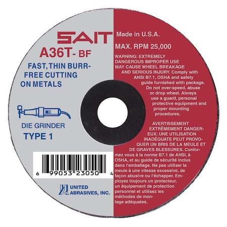 Abrasive Cut-Off Wheel, Type 1, 4 in Dia, 0.0625 in Thick, 5/8 in Arbor Hole Size, Aluminum Oxide MPN:23061