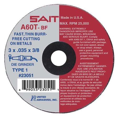 Abrasive Cut-Off Wheel, Type 1, 4 in Dia, 0.035 in Thick, 1/4 in Arbor Hole Size, Aluminum Oxide MPN:23072