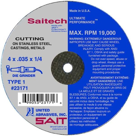 Abrasive Cut-Off Wheel, Type 1, 3 in Dia, 0.0625 in Thick, 1/4 in Arbor Hole Size, Ceramic, 46 Grit MPN:23142