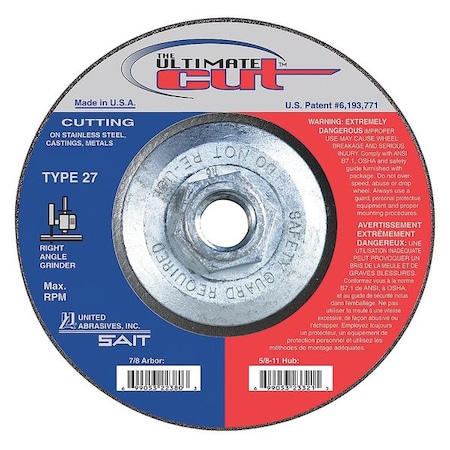 Depressed Center Cut-Off Wheel, Type 27, 5 in Dia, 0.045 in Thick, 5/8