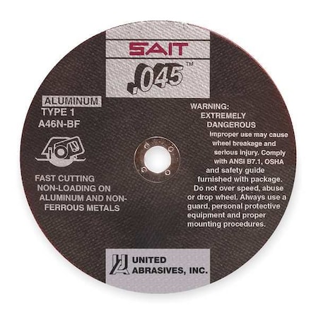 Abrasive Cut-Off Wheel, Type 1, 4 1/2 in Dia, 0.045 in Thick, 7/8 in Arbor Hole Size, 46 Grit MPN:23314