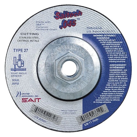 Depressed Center Cut-Off Wheel, Type 27, 4 1/2 in Dia, 0.045 in Thick, 5/8