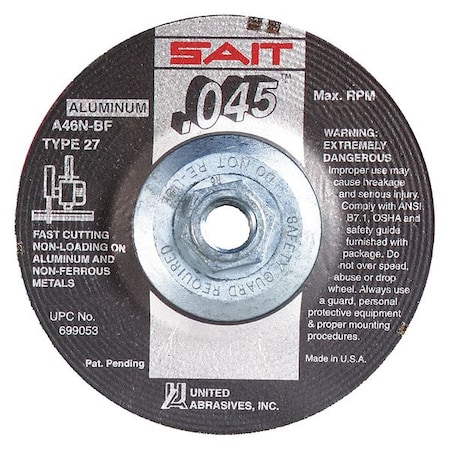 Depressed Center Cut-Off Wheel, Type 27, 4 1/2 in Dia, 0.045 in Thick, 5/8