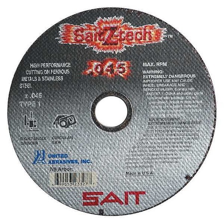 Abrasive Cut-Off Wheel, Type 1, 4 in Dia, 0.045 in Thick, 5/8 in Arbor Hole Size, Zirconia Alumina MPN:23323
