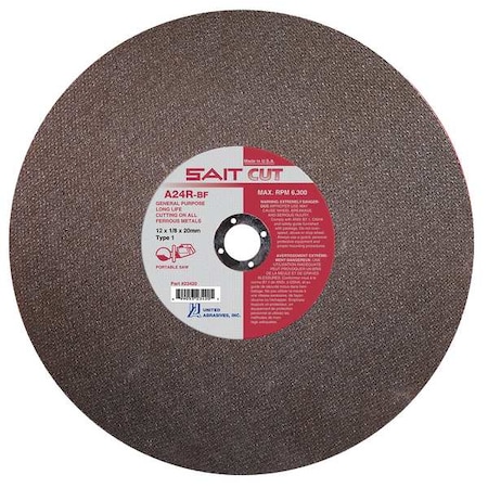 Abrasive Cut-Off Wheel, Type 1, 14 in Dia, 0.125 in Thick, 1 in Arbor Hole Size, Aluminum Oxide MPN:23450