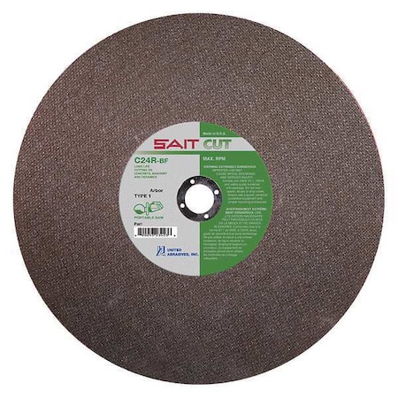 Abrasive Cut-Off Wheel, Type 1, 14 in Dia, 0.125 in Thick, 1 in Arbor Hole Size, Silicon Carbide MPN:23451