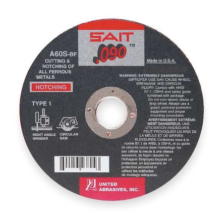 Abrasive Cut-Off Wheel, Type 1, 4 1/2 in Dia, 0.09 in Thick, 7/8 in Arbor Hole Size, Aluminum Oxide MPN:23804