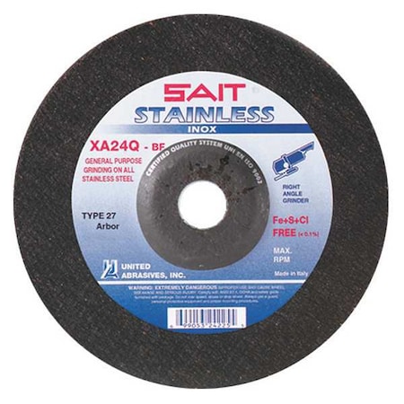 Depressed Center Grinding Wheel, Type 27, 4 1/2 in Dia, 0.25 in Thick, 7/8 in Arbor Hole Size MPN:24210