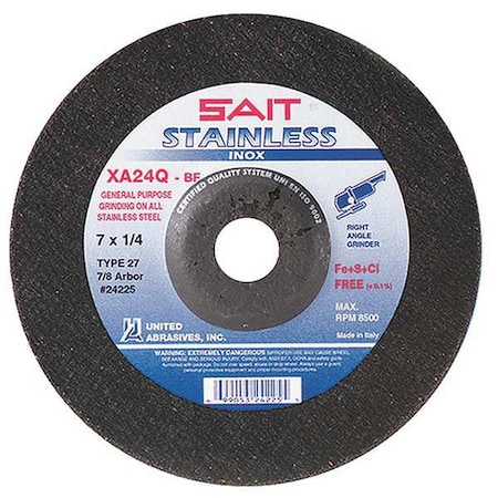Depressed Center Grinding Wheel, Type 27, 7 in Dia, 0.25 in Thick, 7/8 in Arbor Hole Size, 24 Grit MPN:24225