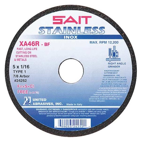 Abrasive Cut-Off Wheel, Type 1, 5 in Dia, 0.0625 in Thick, 7/8 in Arbor Hole Size, Aluminum Oxide MPN:24252