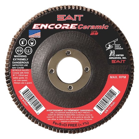 SAIT 72822 Encore Ceramic Fiberglass Backed Flap Disc (Type 29) 4-1/2