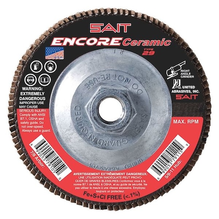 SAIT 72932 Encore Ceramic Fiberglass Backed Flap Disc (Type 29) 4-1/2