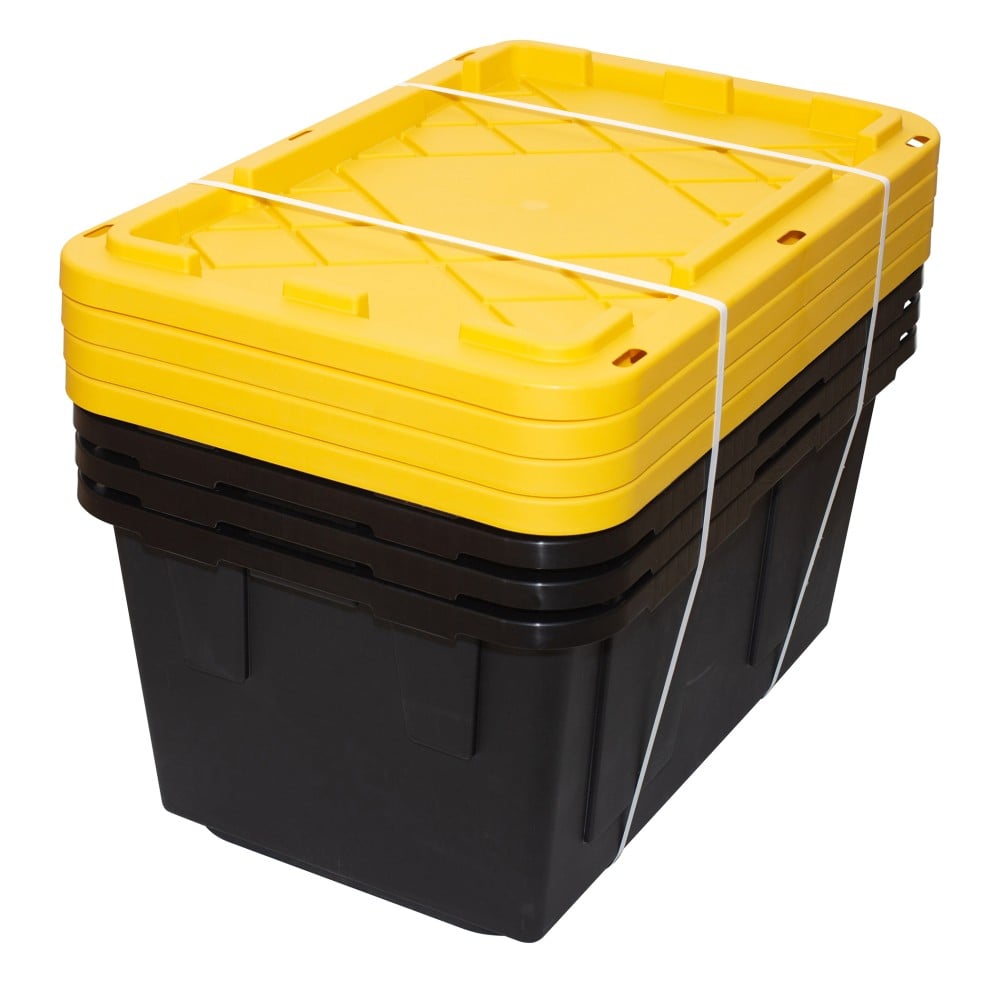 Office Depot Brand by GreenMade Professional Storage Tote With Handles/Snap Lid, 27 Gallon, 30-1/10in x 20-1/4in x 14-3/4in, Black/Yellow, Pack Of 4 MPN:559568