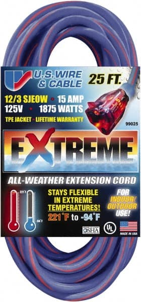 25', 12/3 Gauge/Conductors, Blue/Pink Indoor & Outdoor Extension Cord MPN:99025