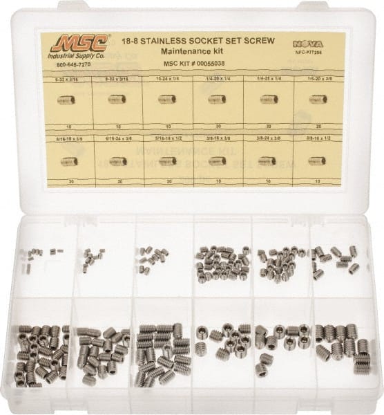 200 Piece, #6-32 to 3/8-24, Stainless Steel Set Screw Assortment MPN:NFC-KIT256