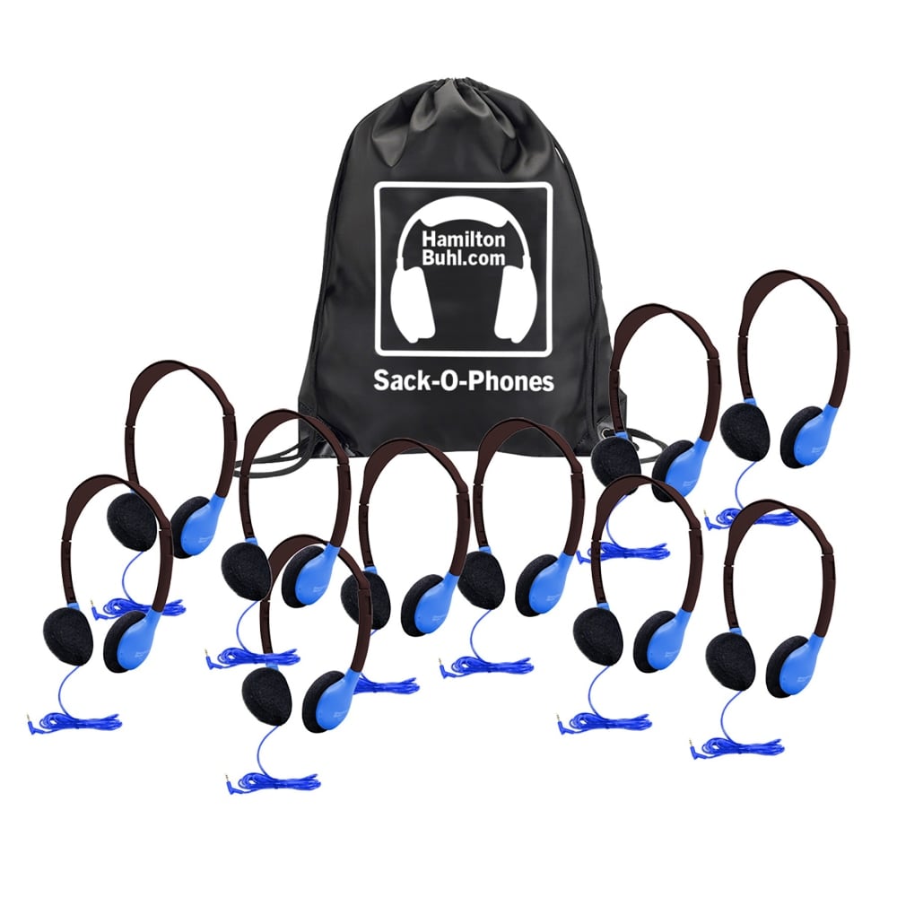 HamiltonBuhl Sack-O-Phones Personal Headphones With Carry Bag, Blue, Bag Of 10 Headphones MPN:HECSOPHA2BLU