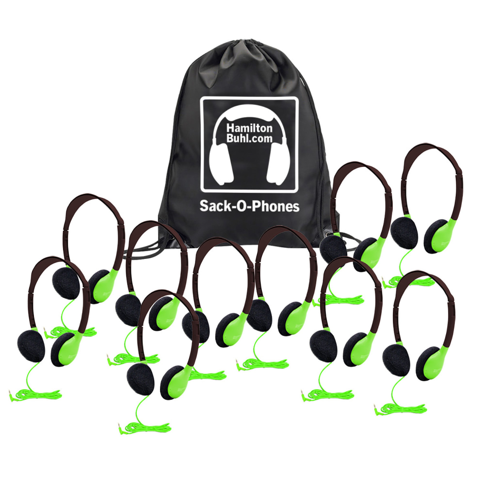 HamiltonBuhl Sack-O-Phones Personal Headphones With Carry Bag, Green, Bag Of 10 Headphones MPN:HECSOPHA2GRN