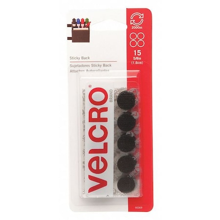 Reclosable Fastener, Disc, Rubber Adhesive, 5/8 in, Black, 15 PK MPN:90069