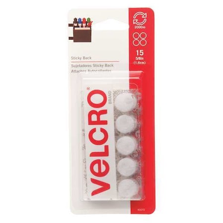Reclosable Fastener, Disc, Rubber Adhesive, 5/8 in, White, 15 PK MPN:90070