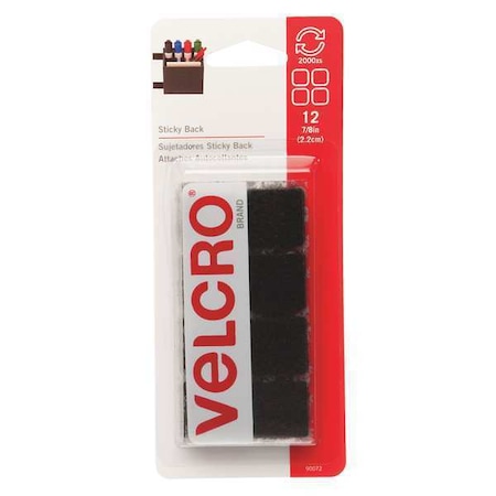 Reclosable Fastener Shape, Square, Rubber Adhesive, 7/8 in, 7/8 in W, Black, 12 PK MPN:90072