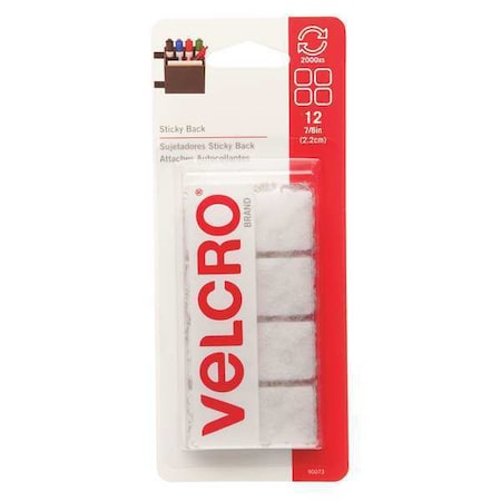 Reclosable Fastener Shape, Square, Rubber Adhesive, 7/8 in, 7/8 in W, White, 12 PK MPN:90073
