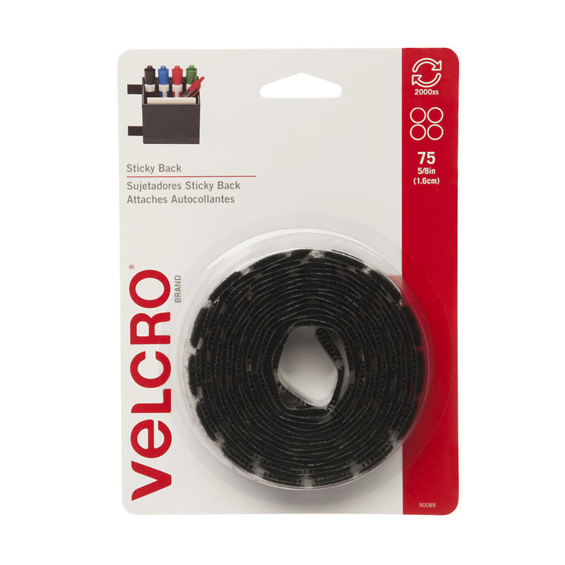 VELCRO Brand Sticky-Back Fasteners, Removable Adhesive, 0.63in dia, Black, 75/Pack MPN:90089