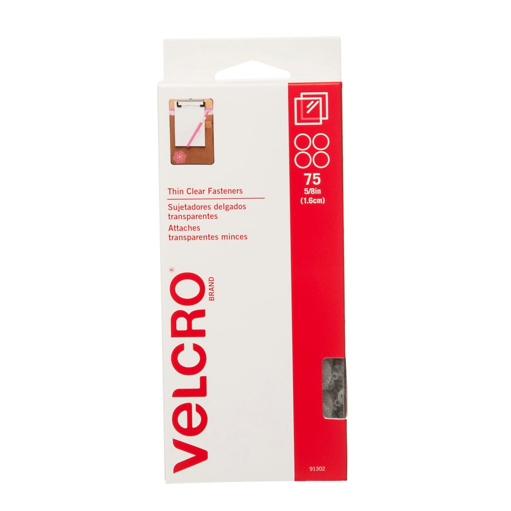 VELCRO Brand Self Stick Round Fasteners, Hook, Clear, 5/8in Diameter, Box Of 75 MPN:91302