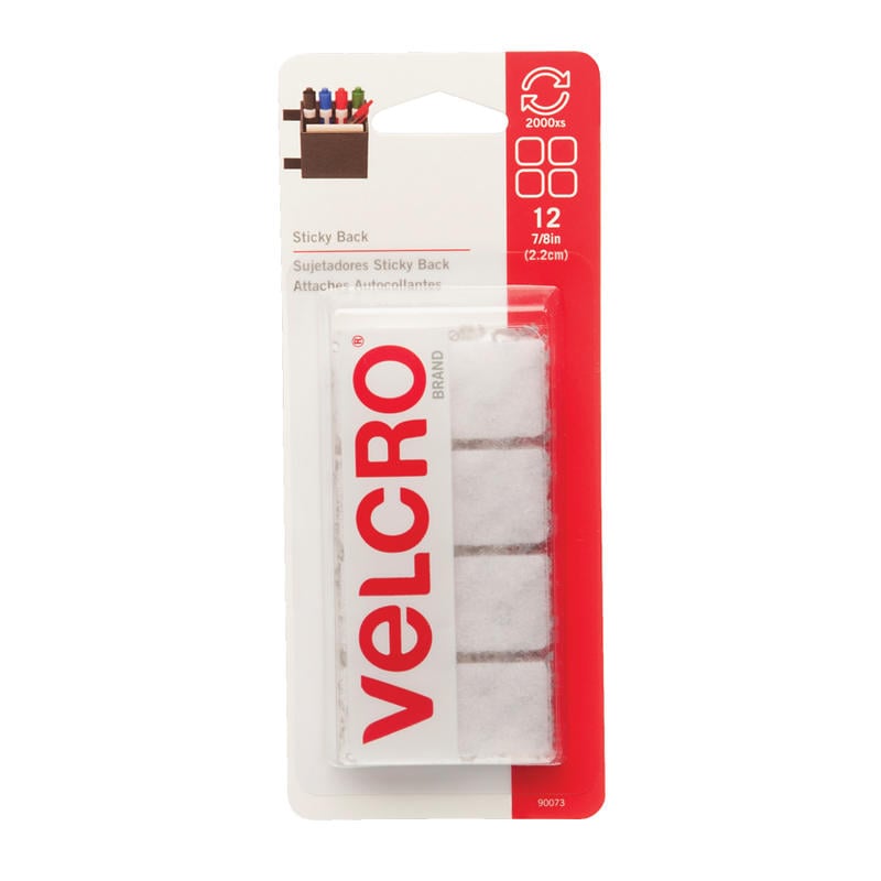 VELCRO Brand STICKY BACK Fasteners, Square, 0.88in, White, 12 Fasteners Per Pack, Set Of 6 Packs MPN:VEC90073-6