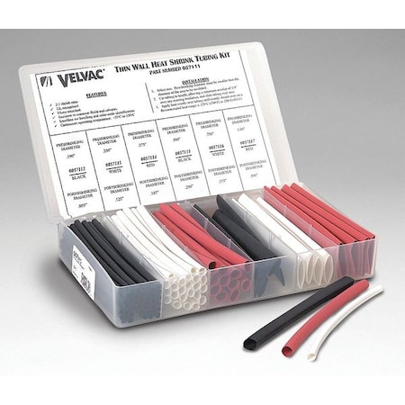 Heat Shrink Tube Kit, Thin Wall, 2:1 I.D. Shrink Ratio, Black, Red, White, 6 in MPN:3ULU8