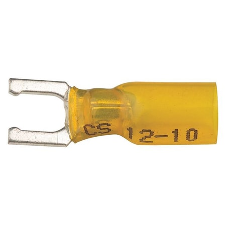 Fork Terminal, 1/4 in Stud Size, 10 AWG, 600 V, Heat Shrink Insulated, Yellow, 10 PK MPN:37425