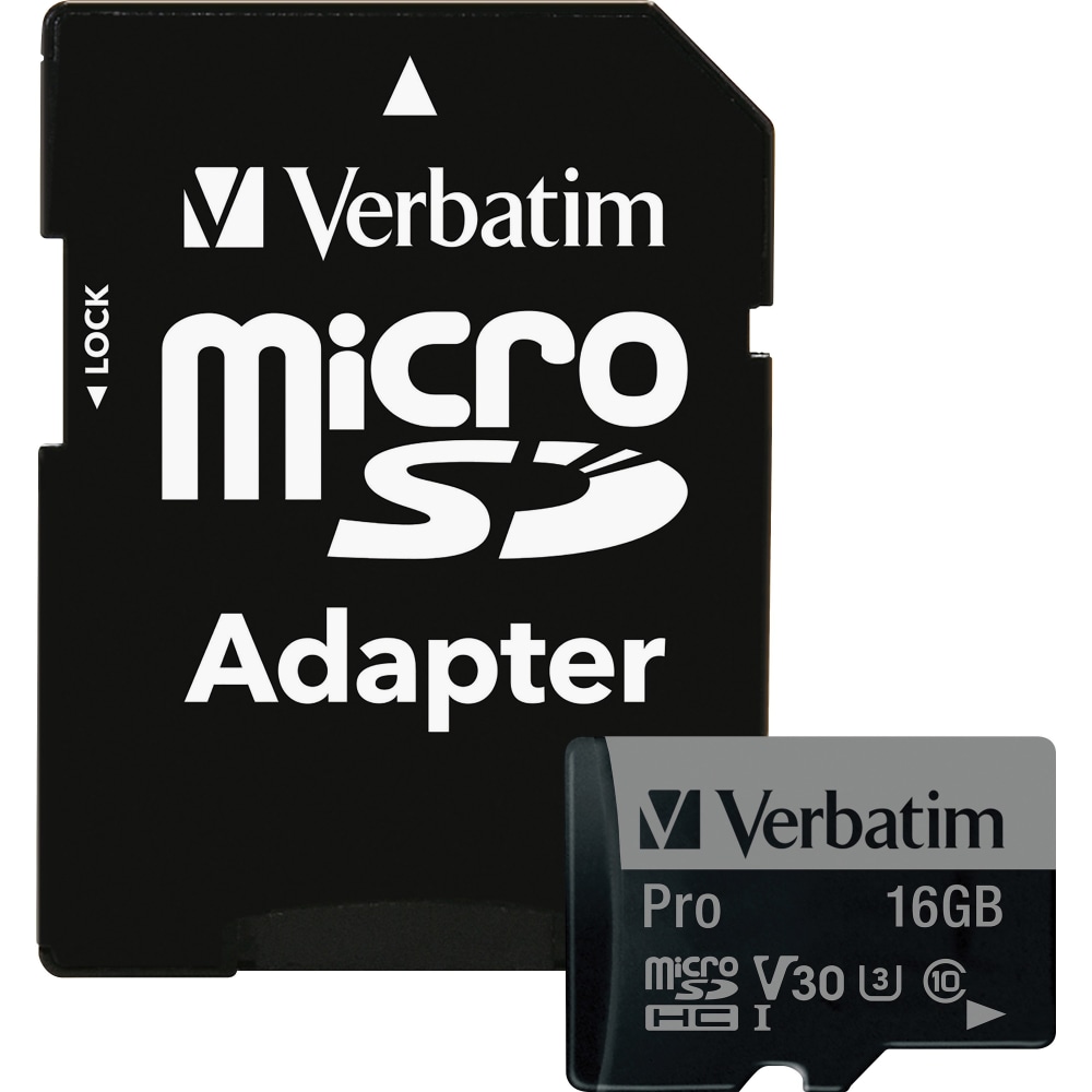 Verbatim 16GB Pro 600X microSDHC Memory Card with Adapter, UHS-I U3 Class 10 - Class 10/UHS-I (U3) - 90 MB/s Read1 Pack - 600x Memory Speed (Min Order Qty 5) MPN:47040