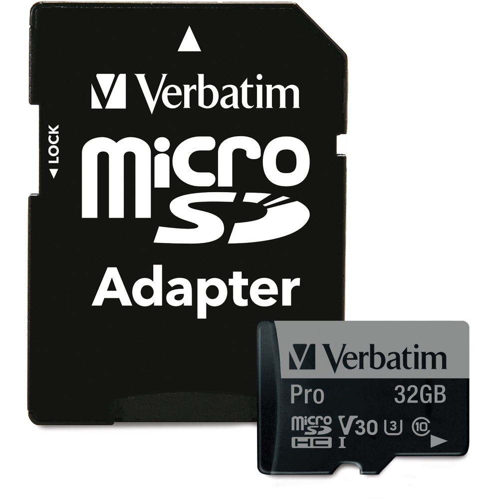 Verbatim 32GB Pro 600X microSDHC Memory Card with Adapter, UHS-I U3 Class 10 - Class 10/UHS-I (U3) - 90 MB/s Read1 Pack - 600x Memory Speed (Min Order Qty 4) MPN:47041