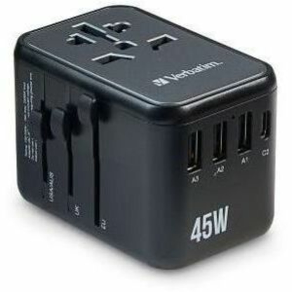 Verbatim UTA-08 Universal Travel Adapter 45W - USB-C, USB-A - 45 W - 120 V AC, 230 V AC Input - 1 MPN:32123