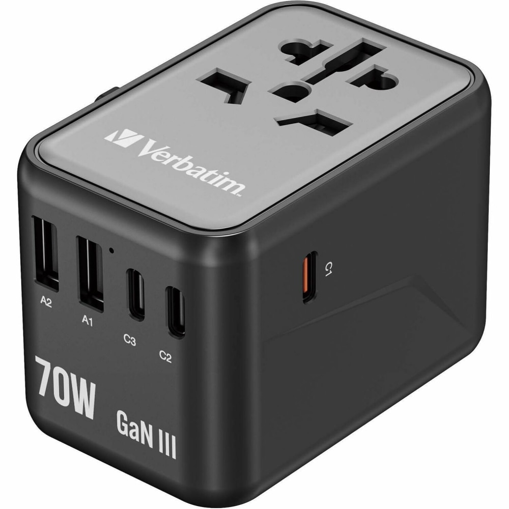 Verbatim UTA-09 Gan III Universal Travel Adapter 70W - USB-C, USB-A - 70 W - 120 V AC, 230 V AC Input MPN:32124