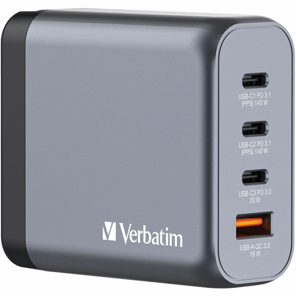 Verbatim 140W 4-Port GaN Wall Charger - 140 W - 120 V AC, 230 V AC Input - 1 MPN:32203