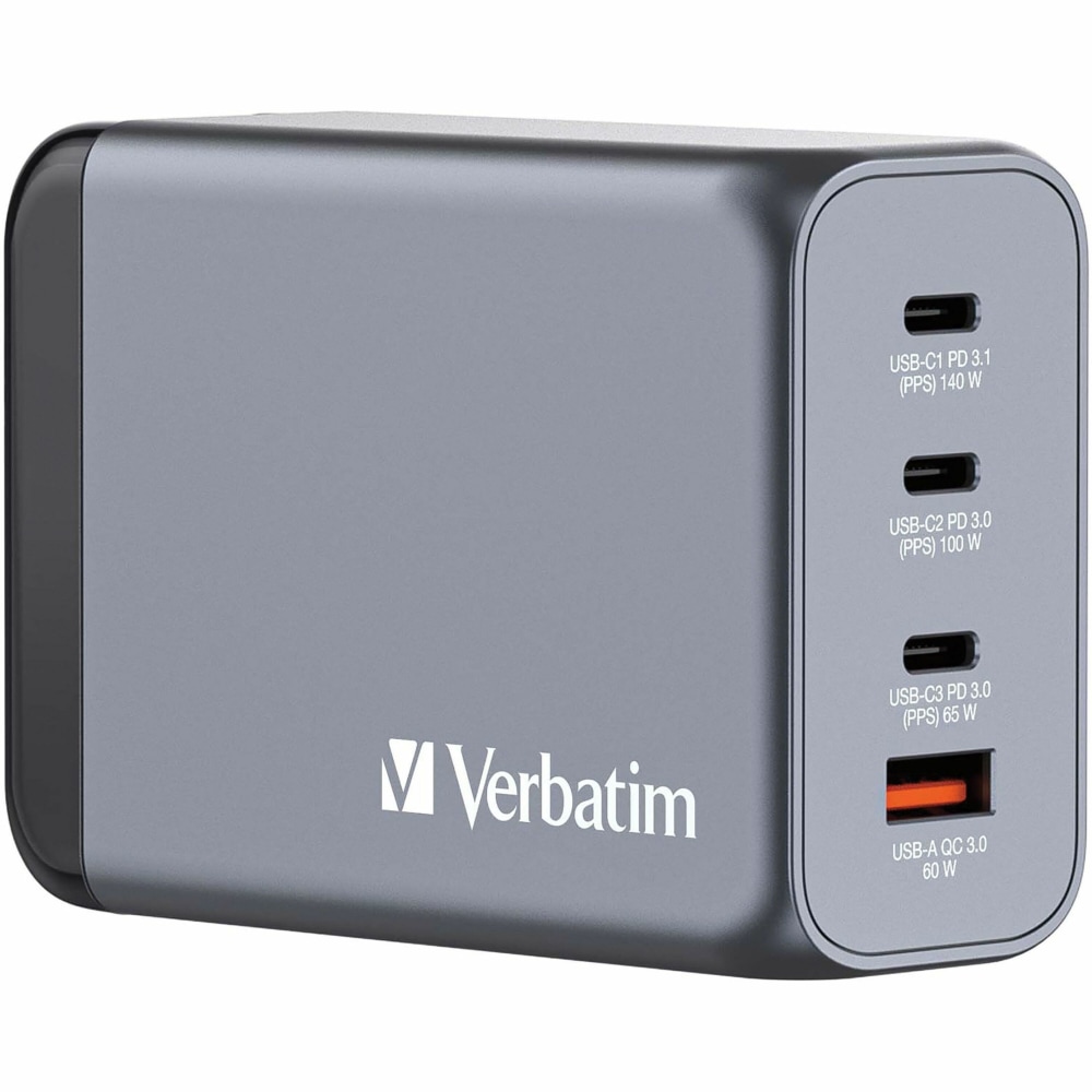 Verbatim 240W 4-Port GaN Wall Charger - 240 W - 120 V AC, 230 V AC Input - 5 V DC, 9 V DC, 12 V DC, 15 V DC, 20 V DC, 28 V DC Output - 5 A - 1 MPN:32205