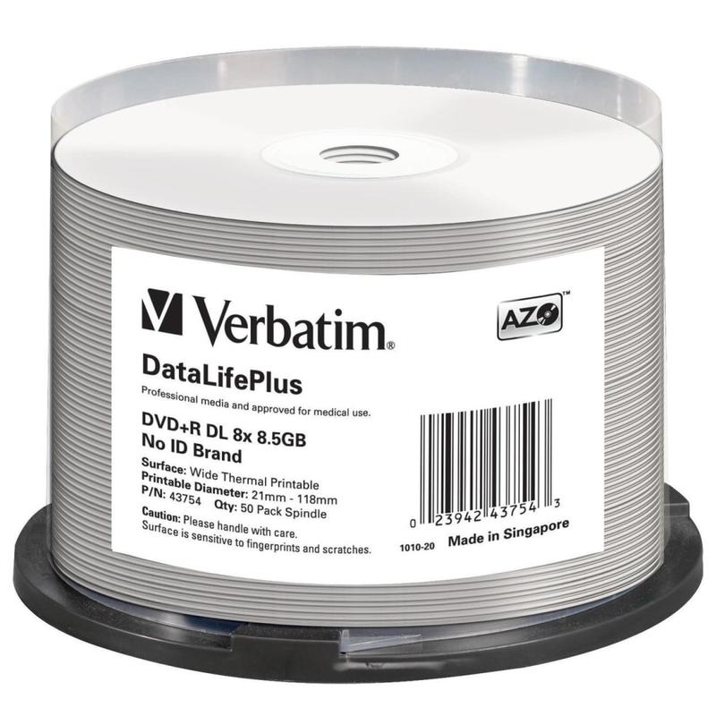 Verbatim DVD+R DL 8.5GB 8X DataLifePlus White Thermal Printable, Hub Printable - 50pk Spindle - 120mm - Printable - Thermal Printable MPN:43754