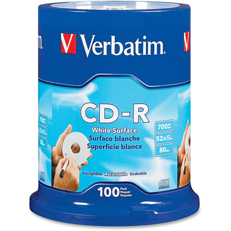 Verbatim 52X CD-R Discs With Blank White Surface, 700MB/80 Minutes, Pack Of 100 MPN:94712