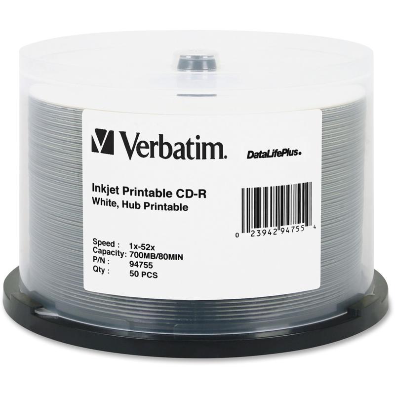 Verbatim DataLifePlus 700MB 52x Printable CD-R Discs, White, Pack Of 50 Discs, 94755 MPN:94755