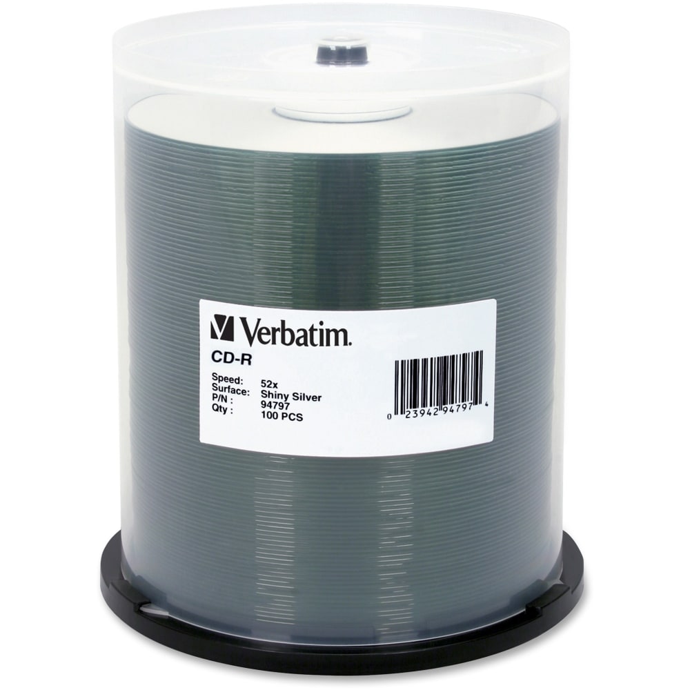 Verbatim CD-R 700MB 52X DataLifePlus Shiny Silver Silk Screen Printable - 100pk Spindle - Printable - Silk-screen Printable MPN:94797
