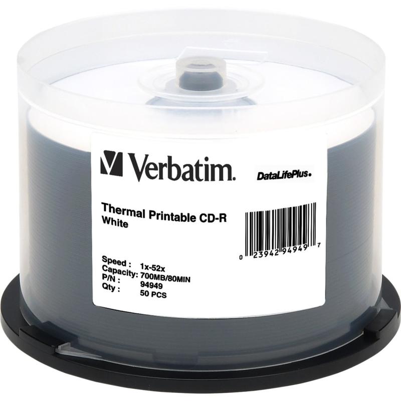 Verbatim CD-R 700MB 52X DataLifePlus White Thermal Printable - 50pk Spindle - Printable - Thermal Printable MPN:94949