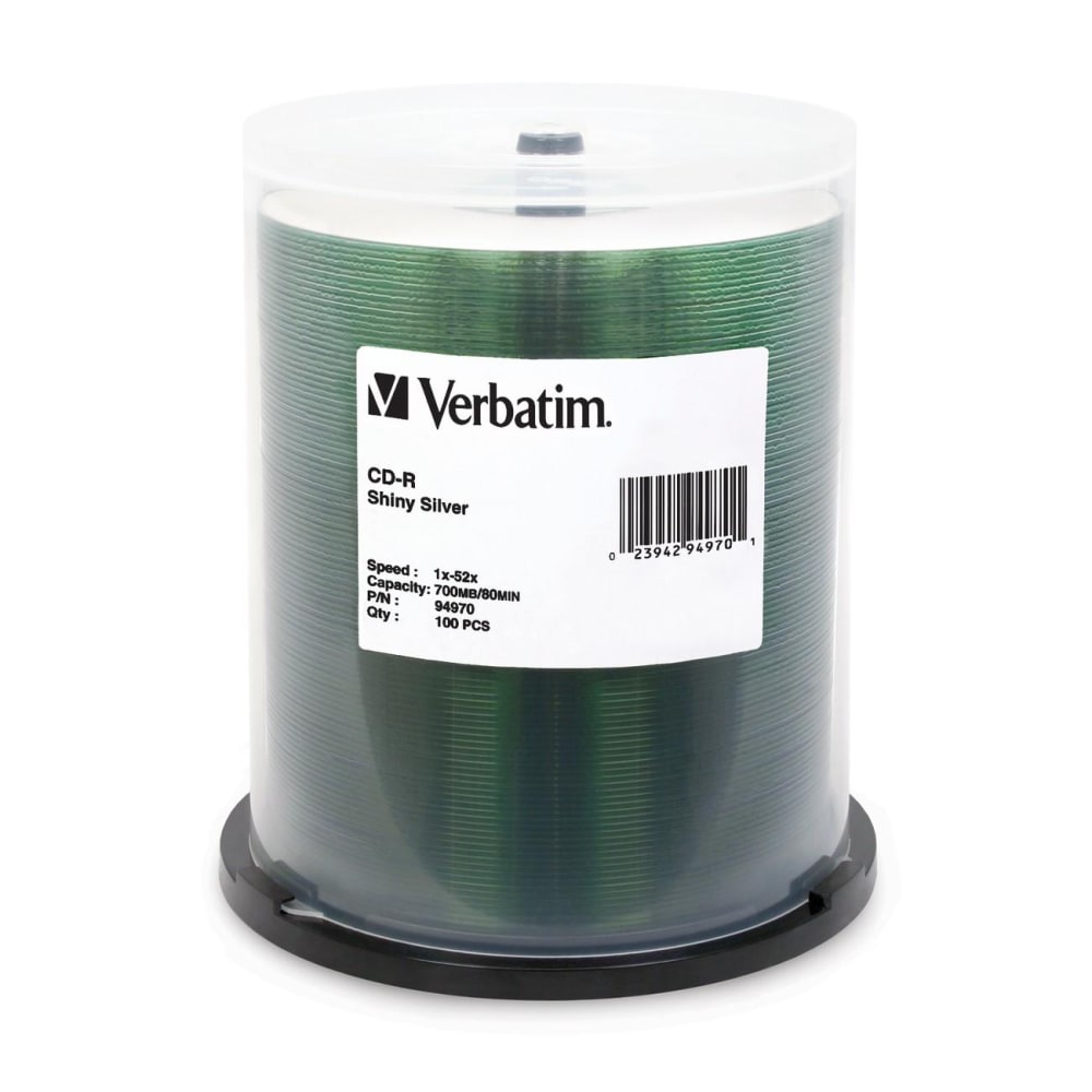 Verbatim CD-R 700MB 52X Shiny Silver Silk Screen Printable - 100pk Spindle - 700MB - 100 Pack MPN:94970