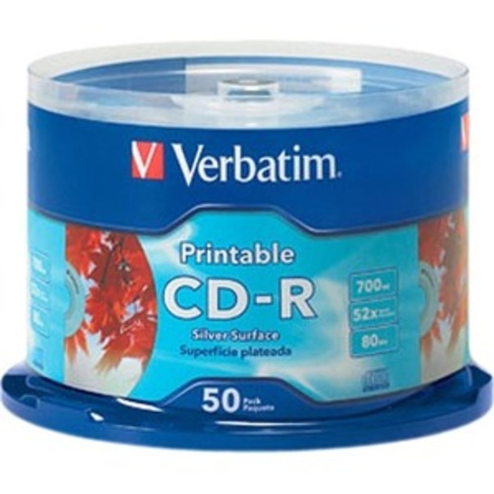 Verbatim CD-R 700MB 52X Silver Inkjet Printable - 50pk Spindle - 50 Pack MPN:95005