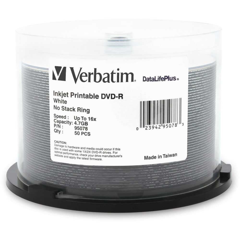 Verbatim DVD-R 4.7GB 16X DataLifePlus White Inkjet Printable - 50pk Spindle - 4.7GB - 50pk Spindle MPN:95078