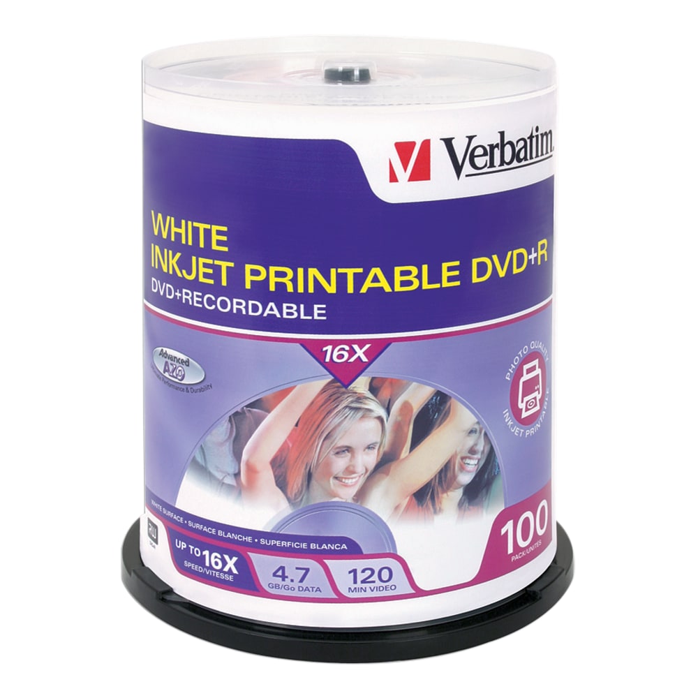 Verbatim DVD+R 4.7GB 16X White Inkjet Printable - 100pk Spindle - 120mm - Printable (Min Order Qty 2) MPN:95145