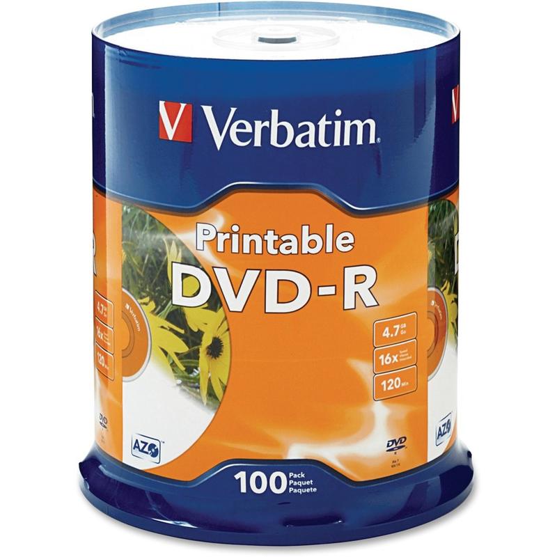 Verbatim Inkjet Printable DVD-R Spindle, White, Pack Of 100 (Min Order Qty 2) MPN:95153