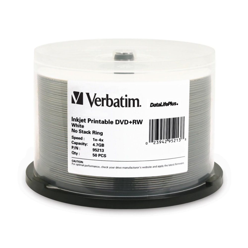 Verbatim DataLifePlus DVD+RW Printable Disc Spindle, White, Pack Of 50 MPN:95213